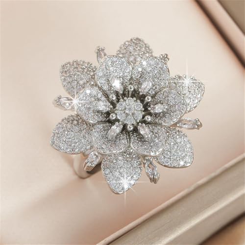 Kokoma Double Layered Rhinestone Flower Ring for Women Cubic Zirconia Geometry Sunflower Wrap Finger Band Adjustable Open Bands Rings Engagement Jewelry - color: Silver
