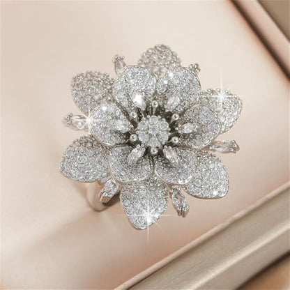 Kokoma Double Layered Rhinestone Flower Ring for Women Cubic Zirconia Geometry Sunflower Wrap Finger Band Adjustable Open Bands Rings Engagement Jewelry - color: Silver