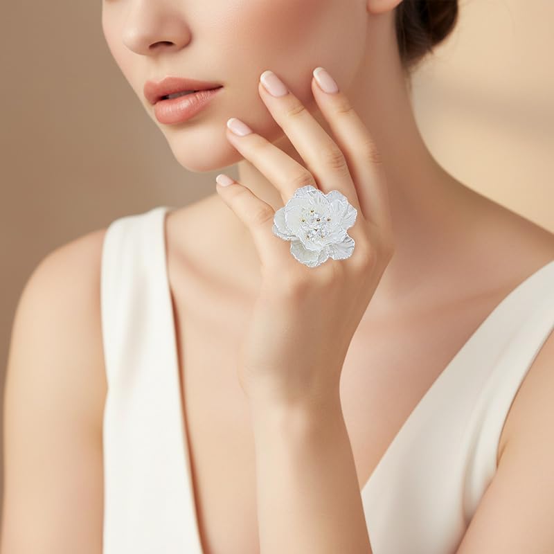 Dtja Large Blossom Flower Statement Ring for Women Silver Plated Colorful Resin Daisy Cherry Floral Adjustable Open Wrap Finger Rings Elegant Wedding Theme Party Jewelry - color: White