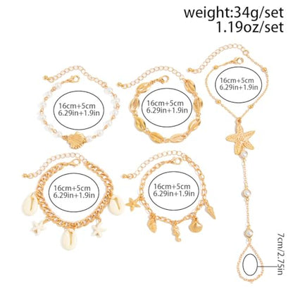 Beach Starfish Shell Pendant Hand Chain Layered Bracelet with Finger Ring for Women Gold-Plated Stackable Faux Pearls Beaded Chain Bracelets 5PCS Set Summer Trendy Jewelry Adjustable Vacation Gifts