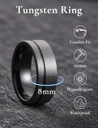 King Will Mens Tungsten Carbide Wedding Band with Groove Design | 6/7/8mm Width, Grooved, Comfort Fit, Everyday Wear - color: Silver&Black Inner-8mm