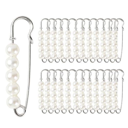 Faux Pearl Safety Pins, 20pcs 1.97inch Silver | Sweater Shawl Clip Brooch Pins with 5pcs Pearl Beads for Pants Skirt Waist Pants Extender Dressing Accessories