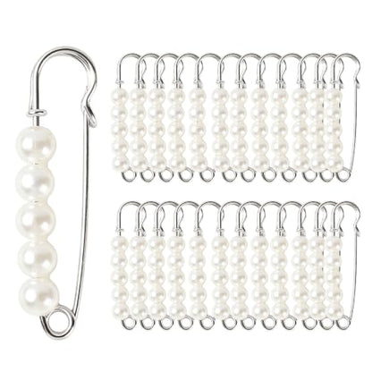 Faux Pearl Safety Pins, 20pcs 1.97inch Silver | Sweater Shawl Clip Brooch Pins with 5pcs Pearl Beads for Pants Skirt Waist Pants Extender Dressing Accessories