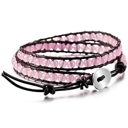 Boho Bracelets Adjustable Rope Buckle Handmade Leather-Wrapped Bracelet Jewelry Bohemian Style Bracelets Natural Stone Wrap Bracelets Variety Beads Strand Bracelet - color: Pink