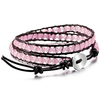 Boho Bracelets Adjustable Rope Buckle Handmade Leather-Wrapped Bracelet Jewelry Bohemian Style Bracelets Natural Stone Wrap Bracelets Variety Beads Strand Bracelet - color: Pink