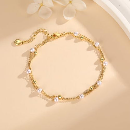 Gold Pearl Bracelet for Women, 18K Gold Plated Dainty Pearls Beaded Chain Bracelet Jewelry Gifts for Women - color: D-Gold 4