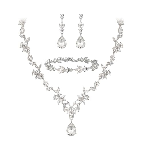 BriLove Wedding Jewelry Set for Women,Gorgeous Crystal Bridal Accessories | Y-Necklace Tennis Bracelet Dangle Earrings Set,Shiny Teardrop Marquise Cluster,Prom Party Jewelry,for Bride Bridesmaid - color: Clear Silver-Tone