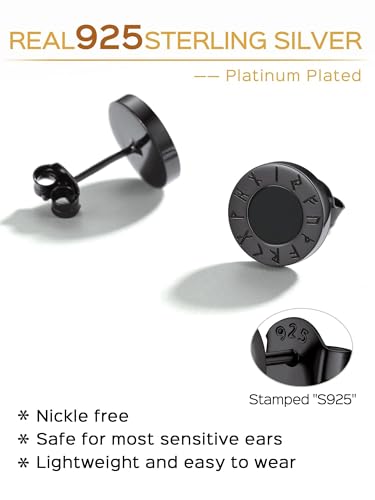ChicSilver 925 Sterling Silver Viking Rune Natural Black Onyx Stud Earrings For Women Men - style: B: Front Runes-Black