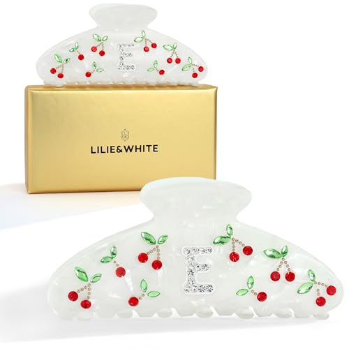LILIE&WHITE Christmas Gift Acrylic Cherry Letter Hair Clips For Women | RhinestonesInitial Hair Claws For Thick Hairs Trendy Monogram Large Clips Fashion Big Claw Clip Jewelry Gift Alphabet E - color: HC22959E