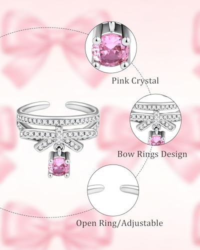 Silver Cubic Zirconia Bow with Pink Crystal Open Ring Cute Stacking Adjustable Rings for Women Mother's Day