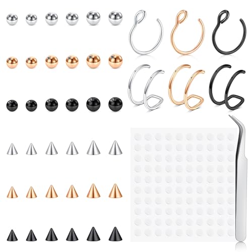 Zolure Fake Piercing Fake Eyebrow Ring Fake Lip Labret Studs Replacement Balls Spike with 100pcs Sticker Non-Piercing Body Jewelry - color: Mix Color #2