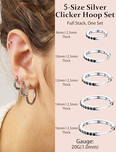 5 Pairs Huggie Hoop Earrings, Cubic Zirconia 14K Gold-Plated 316L Surgical Steel, Hypoallergenic Lightweight Design for Women & Men Cartilage & Multi-Piercing Stacking(13-21mm) - color: C+silvery+black