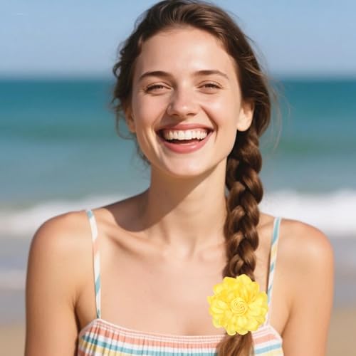 Satin Rose Flower Brooch Hair Clip for Women 4.3 Inch Floral Pin for Hats Dress Everyday Outfits Beach Vacations - color: Yellow