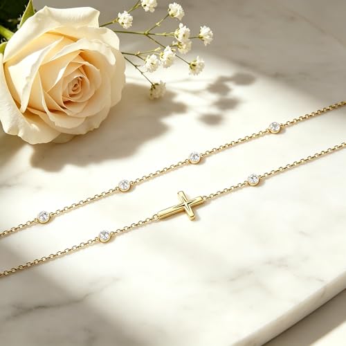 Midari 18K Yellow Gold Gemstone Birthstone Anklet Bracelet Cross Jewelry with 12 Months Birthstone Birthday Gifts for Women Wife Her Daughter Mom - color: 04-Apri-White CZ, size: Bracelet 7"-9"