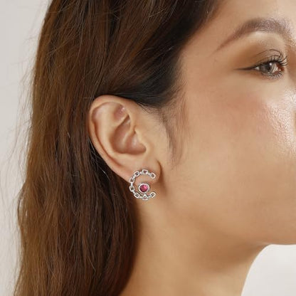Elegant C-Shaped Crystal Stud Earrings with Birthstone Earring Silver Plated Fashion Jewelry for Women CE0003 - color: Red- July