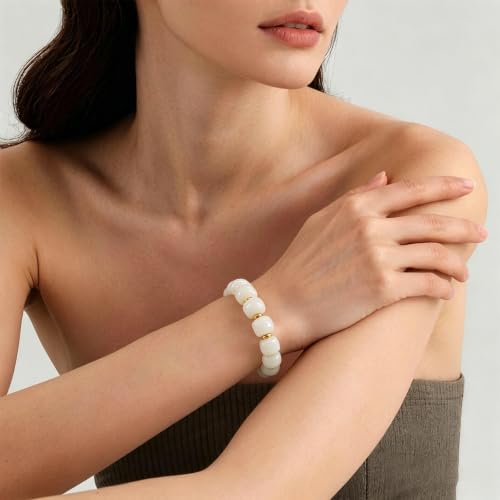 VIBILIA Chunky Beaded Bracelet for Women Multicolor Big Resin Acrylic Bead Elastic Stretch Bracelet, Trendy Statement Bracelets Boho Summer Beach Vacation Charm Jewelry - color: Round-White