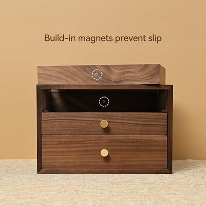 Black Walnut Wooden Jewelry Box for Women, 3 Layer Solid Wood Organizer with Glass Lid and Drawer, Large Storage for Necklace Ring Earrings Watch Bracelet, Birthday Gift for Mom Girls
