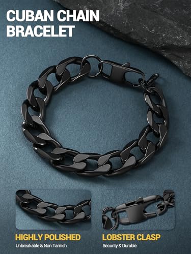 PROSTEEL Bracelets for Men, Figaro/Cuban Mens Bracelet, Silver/Gold/Black | 6/9/13mm Width, 7.5/8.3/9" Length, Stainless Steel Mens Bracelet, Durable & Non Tarnish, Chunky Jewelry with Gift Box - style: G 13mm-Cuban-Black