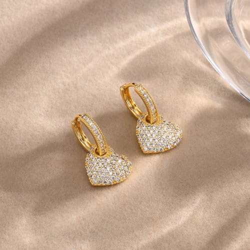Crystal Heart Dangle Hoop Huggie Earrings for Women Dainty 14k Gold-Tone Plated Cubic Zirconia Small Hoops Earring Charm Drop Jewelry Gift for Ladies Love Statement Valentine's Day Gifts for Girlfriend