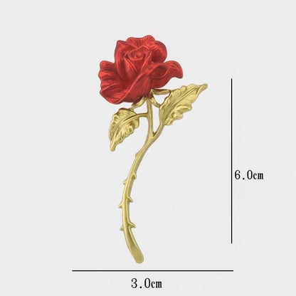 Rose Flower Brooch Pin for Women Fashion Dainty Gold Plated 3D Red Roses Floral Crystal Brooch Pin Birthday Dress Suit Accessories Jewelry - style: Long Rose