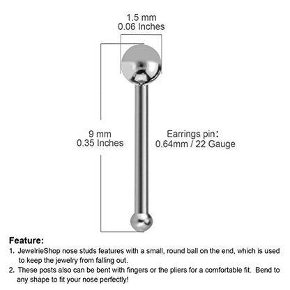 JEWELRIESHOP 40pcs Nose Ring Studs Stainless Steel Nose Piercing Jewelry Bone Studs for Women Men Hypoallergenic 22G (1.5mm,Silver Ball)