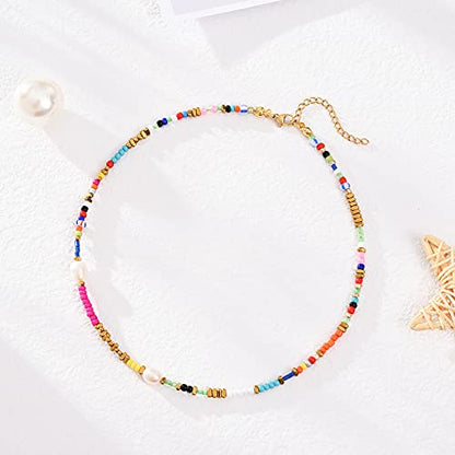 Wellike Freshwater Pearl Beaded Necklace for Women Handmade Boho Colorful Glass Beads Choker Necklace Stainless Steel 18K Gold Plated Bohemian Women Summer Jewelry Gifts - color: KKWX921AMZ