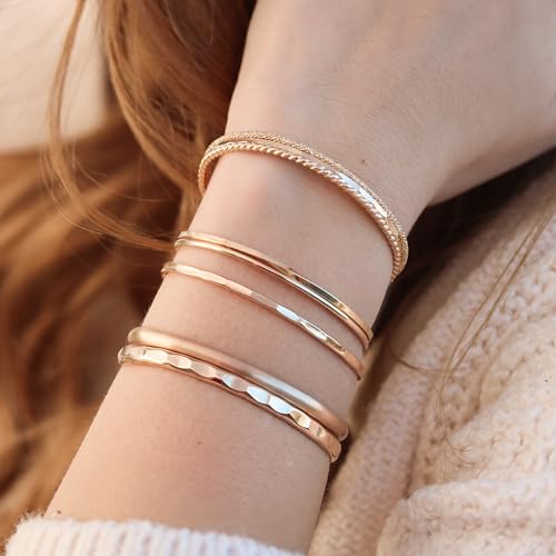 Thin Hammered Cuff, in Solid Sterling Silver, 14K Gold Fill, and Rose Gold Fill; Delicate Handmade Stacking Bracelet for Women by Lotus Stone Design - color: Gold, size: Large
