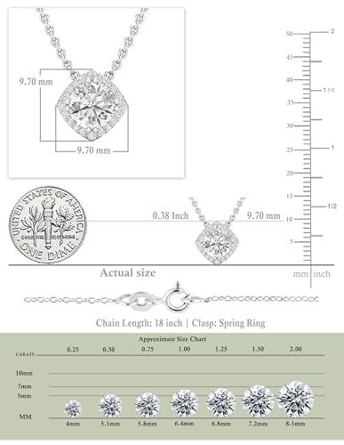 White Diamond or Cubic Zirconia Cushion Frame Halo Pendant | 1.00 Ctw | Center Round Lab Grown 18 inch Silver Chain | Women | 925 Sterling Silver - style: Lab Grown White Diamond