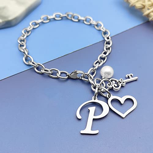 Initial A-Z Bracelets Gift for Women Girls Stainless Steel Chain Bracelet 26 Alphabet Jewelry Gifts for Birthday Anniversary Letter Bracelet Monogram Gifts for Sister Friend Girlfriends Mom 8.26 Inch - color: P