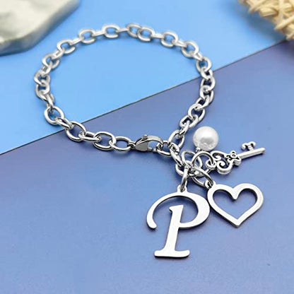 Initial A-Z Bracelets Gift for Women Girls Stainless Steel Chain Bracelet 26 Alphabet Jewelry Gifts for Birthday Anniversary Letter Bracelet Monogram Gifts for Sister Friend Girlfriends Mom 8.26 Inch - color: P