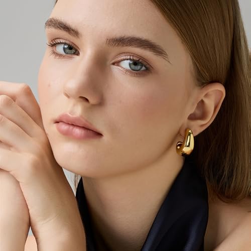 FRUMOS 18K Gold Plated Chunky Hoop Earrings for Women Fashion Thick Gold Hoops Set Jewelry for Birthday Christmas Gifts - color: Teardrop Earrings