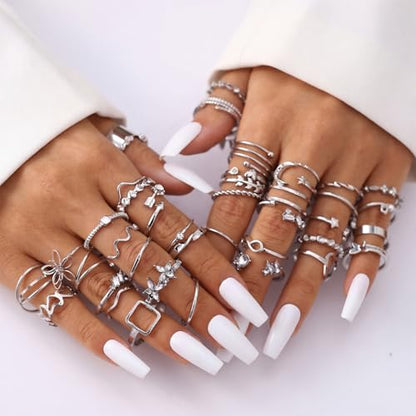 42-Piece Gold Tone Stackable Ring Set for Women, Boho Minimalist Stacking Rings with Crystal & Heart Accents, Adjustable Open Band Jewelry for Daily Wear - style: TZY-003352-01