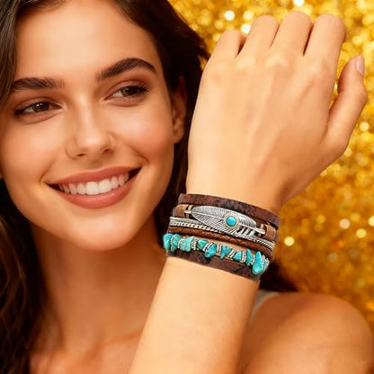 Leather Wrap Bracelets for Women, Boho Leopard Multi-Layer Crystal Beads Cuff Jewelry - color: J-Warp-022