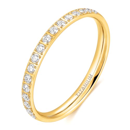 TIGRADE 2mm Women Titanium Eternity Ring Cubic Zirconia Anniversary Wedding Engagement Band Size 3-13.5 - color: Gold-half eternity