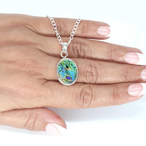 Chunky Natural Gemstone Pendant Necklace For Women Onyx, Turquoise, Amber, Garnet Oval Boho Genuine 925 Sterling Silver Handmade Jewelry - color: Abalone Shell