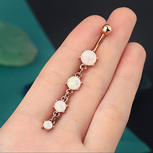Cute Dangly Opal Belly Button Rings 14g 316L Stainless Steel Dangle Navel Rings for Women Belly Button Piercing Dangling Navel Bar - color: Rose Gold-Opal