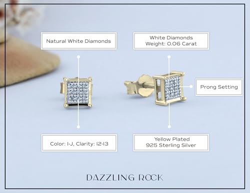 Dazzlingrock Natural Round White Diamond Square Shaped Unisex Stud Earrings | 0.06 Ctw | 925 Sterling Silver - color: Yellow Plated 925 Sterling Silver, size: Push Back