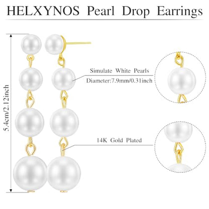 Long Chain Pearl Dangle Earrings for Women | 4Pcs Pearls, 14K Gold Plated, Dainty Tassel Drop, Lightweight Pearl Dangly Earring, Wedding Jewelry Gifts - color: Gold-Large