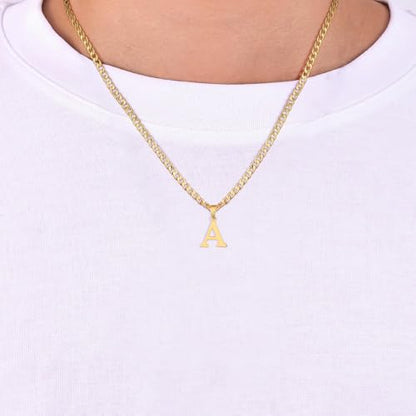 Gold Plated Initial Necklace for Men Letter Pendant Cuban Link Chain | Stainless Steel 4mm 20 Inch Chain Non Tarnish 14K A-Z Capital Name Charm Custom Jewelry Gift - color: A