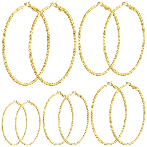 4/10 Pairs Stainless Steel Gold Silver Plated Hoop Earrings Hypoallergenic Dainty Big Small Hoops Earrings Set for Women - color: 5 Pairs Gold Plated Filigree Hoop Earrings Set