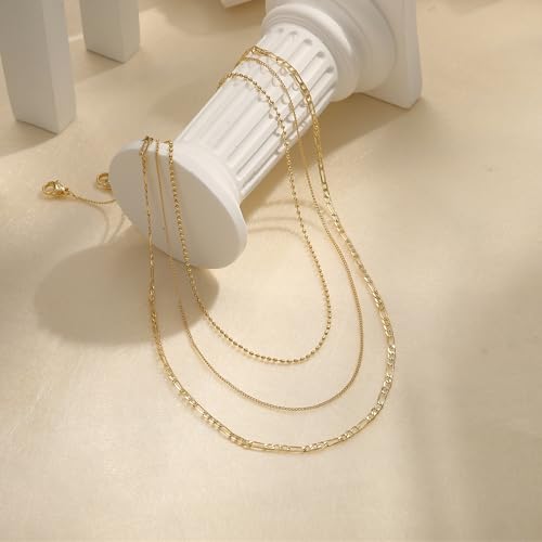 Tewiky Layered Necklaces for Women 14k Gold Plated Chain Necklace Set | Chunky Herringbone/Snake/Rope/Box/Cuban Link Chain for Women, Layering Stack Choker Necklace, Dainty Jewelry Set Non Tarnish - color: 3 Bead Cuban Figaro Gold