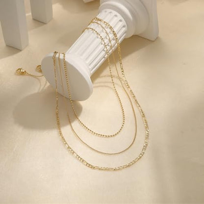 Tewiky Layered Necklaces for Women 14k Gold Plated Chain Necklace Set | Chunky Herringbone/Snake/Rope/Box/Cuban Link Chain for Women, Layering Stack Choker Necklace, Dainty Jewelry Set Non Tarnish - color: 3 Bead Cuban Figaro Gold