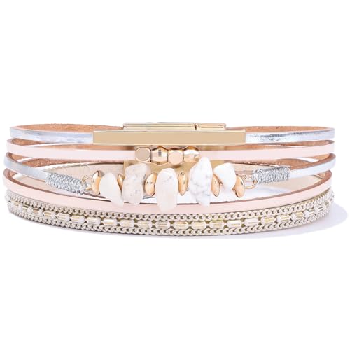 Boho Gemstone Beaded Leather Wrap Bracelets Stackable Chunky Cuff Bracelet Western Jewelry Cowboy Chic Country Concert Outfits for Women - color: White