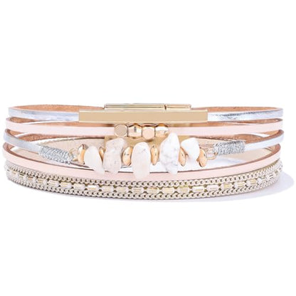 Boho Gemstone Beaded Leather Wrap Bracelets Stackable Chunky Cuff Bracelet Western Jewelry Cowboy Chic Country Concert Outfits for Women - color: White