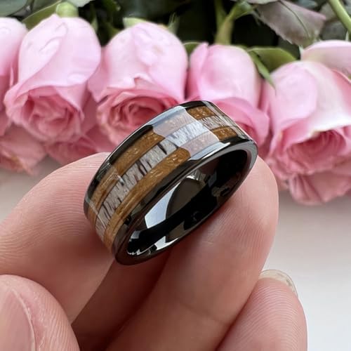 TUTISS 8mm Silver Black Tungsten Rings for Men Women Wedding Bands Whisky Barrel Wood Deer Antler Inlay Flat Polished Shiny Comfort Fit - color: 8mm Black Tungsten