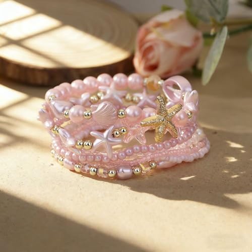 Boho Stackable Beaded Bracelet Set, Pink, Starfish Shell Pearl Charms, Elastic Handmade Layered Stretch Bracelets, Summer Beach Holiday Jewelry for Women - color: Pink E