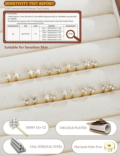 SIISPRI 10 Pairs Tiny Cartilage Stud Earrings for Women Men 14K Gold Plated Surgical Stainless Steel Flat Back Earrings Hypoallergenic Cubic Zirconia Studs Earrings 2mm 3mm Tragus Helix Daith Piercing - color: 2mm-Gold-10pair