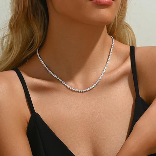 3mm Cubic Zirconia Tennis Necklace for Women, Dainty Adjustable 18K Gold Plated/Silver CZ Tennis Necklace, Hypoallergenic Iced Out Everyday Jewelry Gift for Her Wedding Party - color: 42cm Tennis Necklace-White Gold