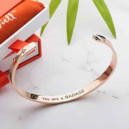 Carviell Bracelet - Gifts for Women – Inspirational, Friendships, Love, Mom, Daughters, Sisters, Christian, Graduations, Memorials & Wedding Gifts – 100+ Phrases – Stainless Steel, Gift Ready - color: BADASS Gift - You are a B*D*SS - ROSE GOLD