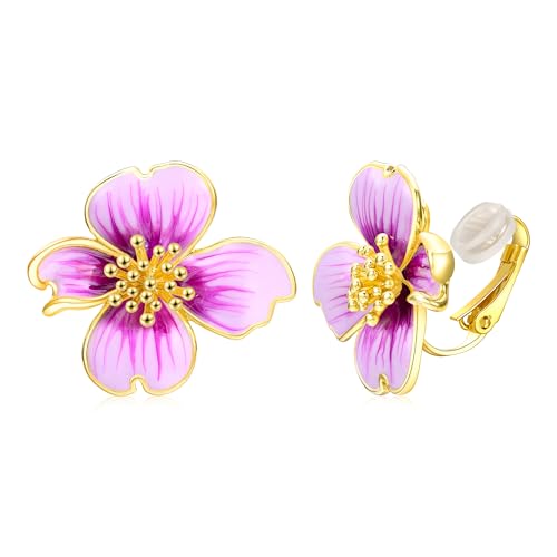 Clip on Earrings Women, 14K Gold Plated Earrings for Sensitive Ears, Fashion Women's Earrings Jewelry Birthday Gift for Wife Grandma Daughter Girls on Christmas Thanksgiving - color: Cherry Blossom Purple Gradient Color Earrings